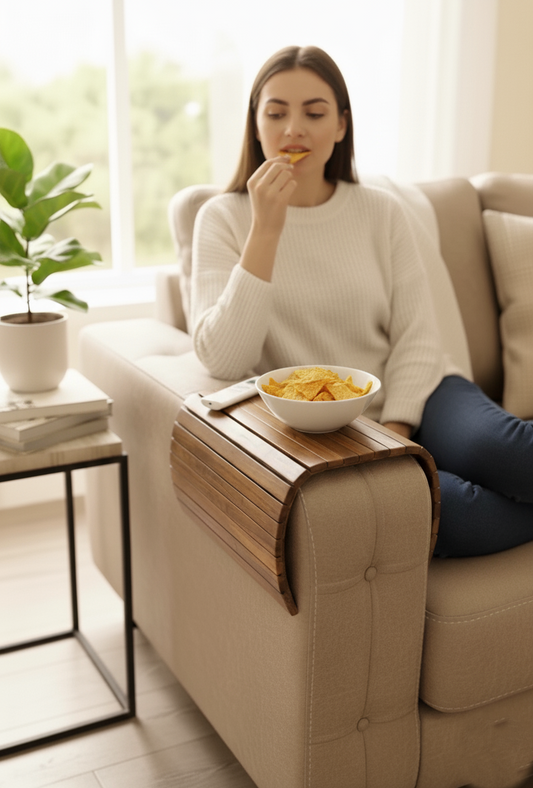 β¨ Wooden Sofa Armrest Tray β Foldable & Flexible Armrest Table + Detachable Serving Tray for Snacks & Drinks