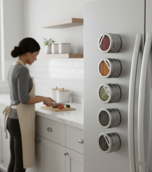 Magnetic Stainless Steel Spice Jars (Set of 4) with Transparent Lid | Kitchen Organizer for Fridge & Racks