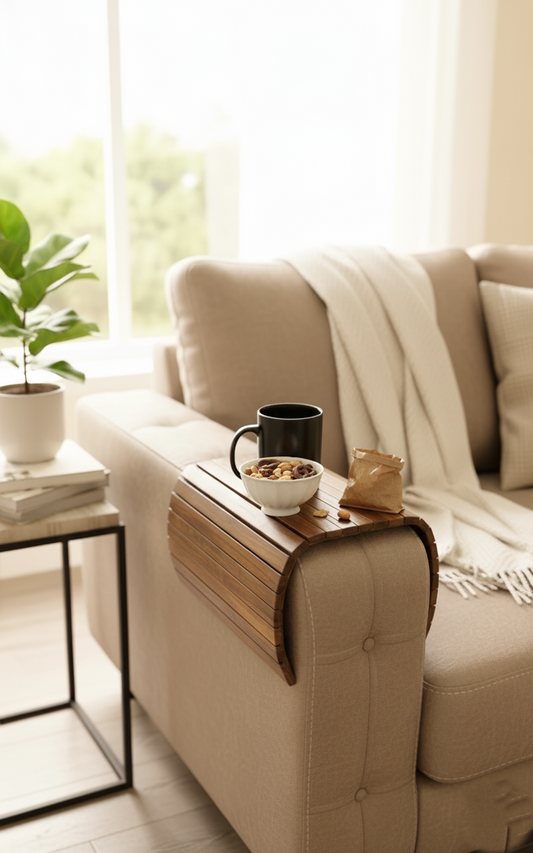 ✨ Wooden Sofa Armrest Tray – Foldable & Flexible Armrest Table + Detachable Serving Tray for Snacks & Drinks
